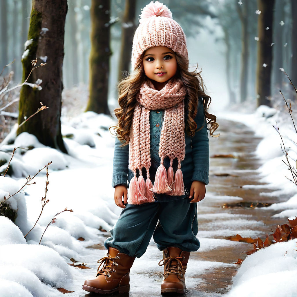 Cute Little Girl Standing Snow Snow Mountains Girl Dressed Winter