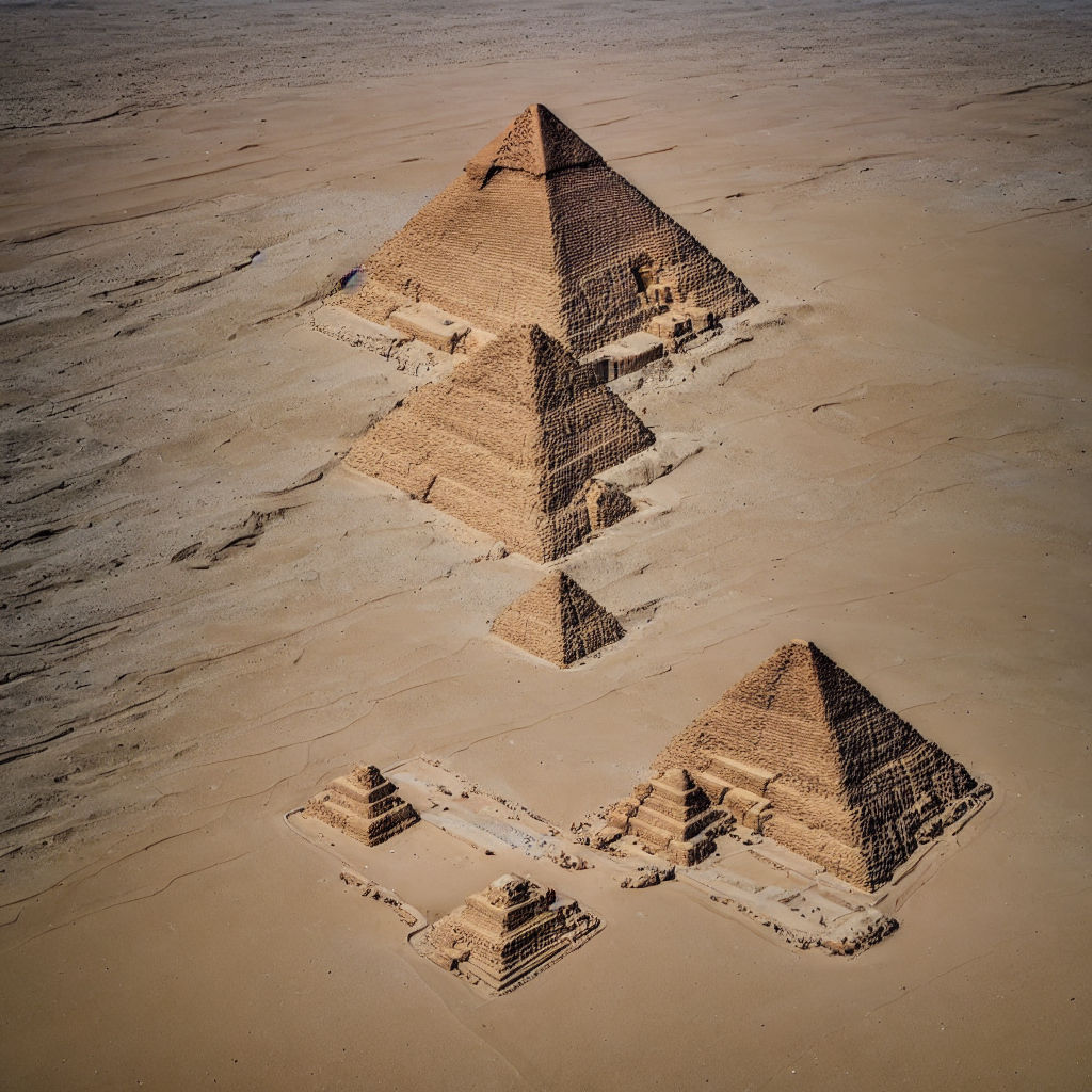 Prompt: Een heilige Oud-Egyptische piramide met vlakke gezichten bedekt met witte kalksteen gebouwd op zand, uitzicht vanaf een drone 