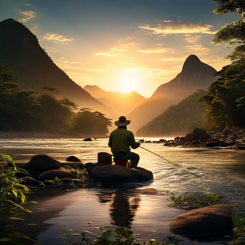 depict a tranquil sunset over a serene lake. There's a silhouette of a lone  fisherman casting his rod from a boat. The sky should have soft gradients  - Playground