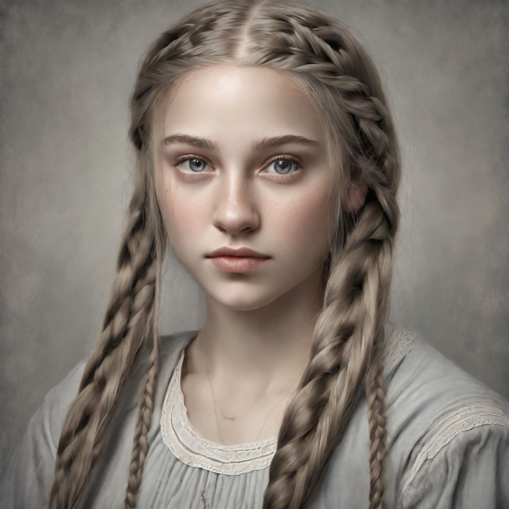 Young female model with braided blonde hair, big green eyes and