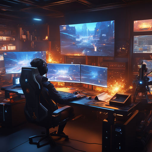 Spectacular gaming room interior, gaming pc, gaming desk, game setup room,  tv, desk for five People, futuristic, LED lights, cyberpunk color.  Generative AI Stock Illustration