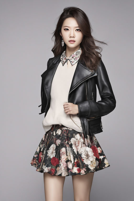 24 year old cute korean woman with leather jacket and leather