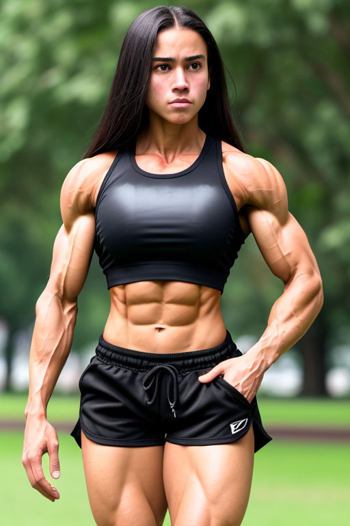 Very muscular samurai woman flexing her huge arms. 6 pack abs - Playground