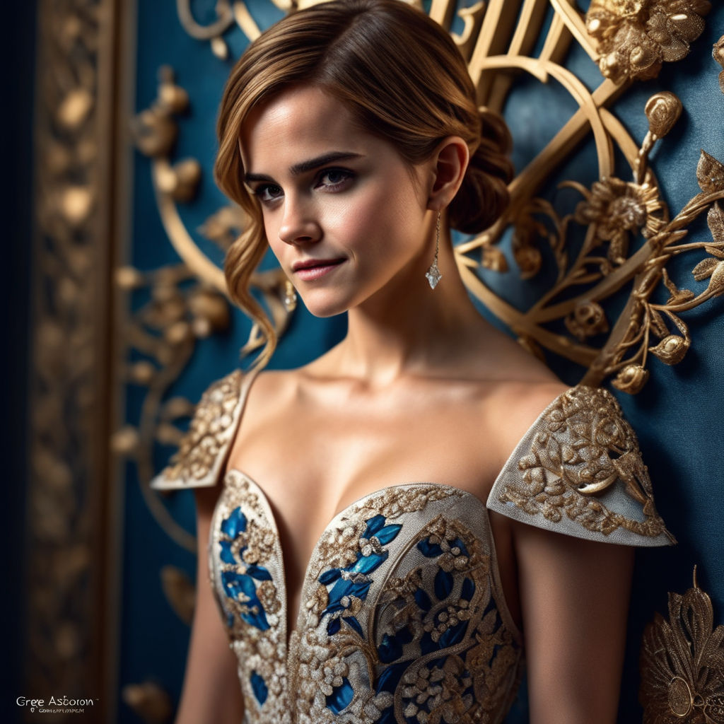 Prompt: Beautiful Emma Watson with beautiful trending dress on beautiful Wall, Miki Asai Macro photography, close-up, hyper detailed, trending on artstation, sharp focus, studio photo, intricate details, highly detailed, by greg rutkowski