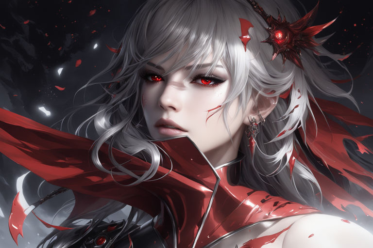 visible-elk918:   , elf vampire girl with white hair and red eyes. anime style