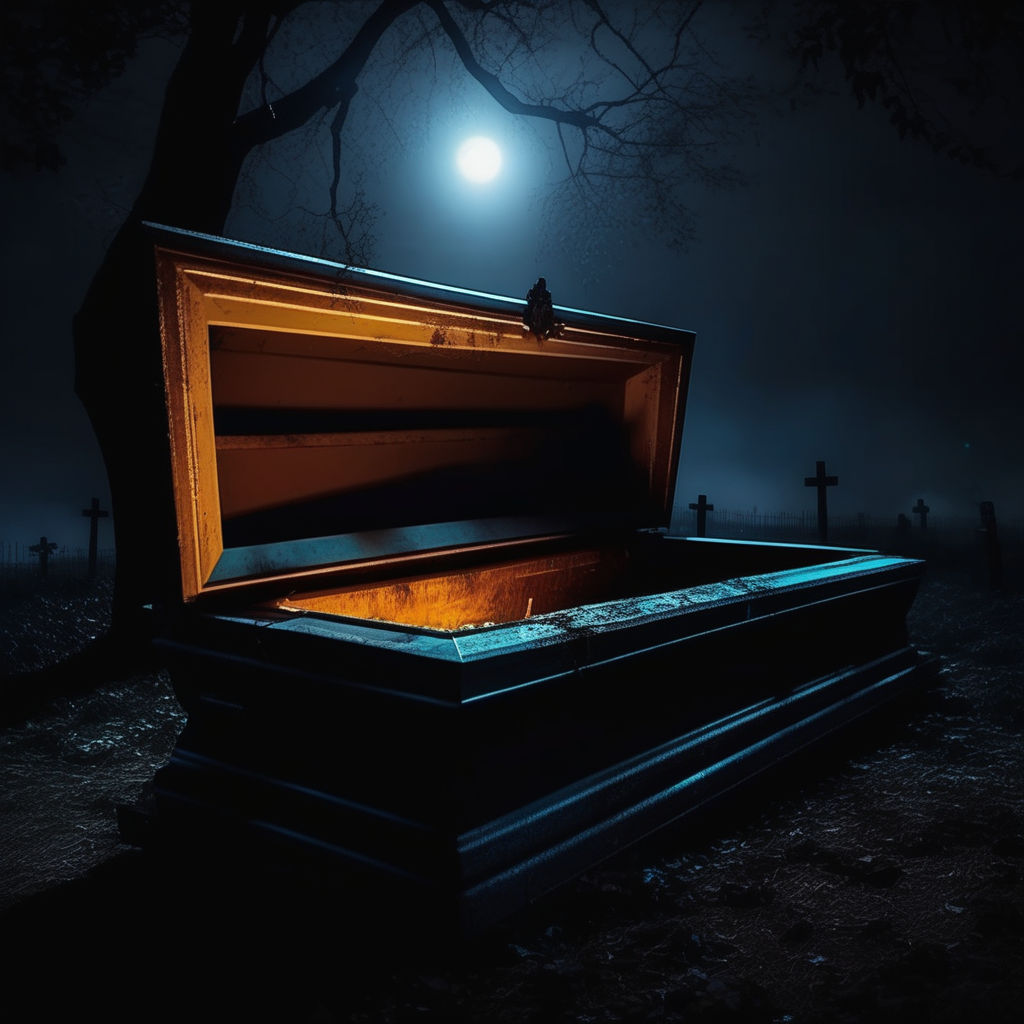 A slightly open empty wooden coffin with a metal crucifix and handles on a  dark ominous background - 3D Render Stock Photo - Alamy