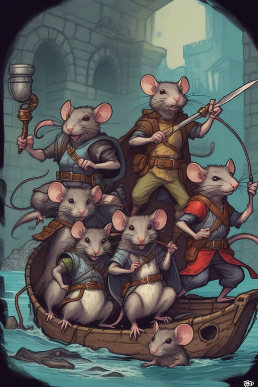 elegant-pony473: large swarm of rats being controlled by an ominous hooded rat  king with jeweled crown and health inspector badge