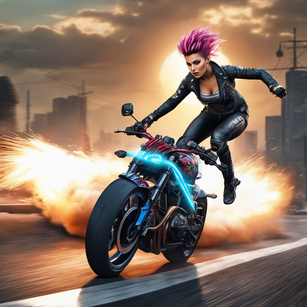 Beautiful Female Cyberpunk Girl on Futuristic Motorbike Octane