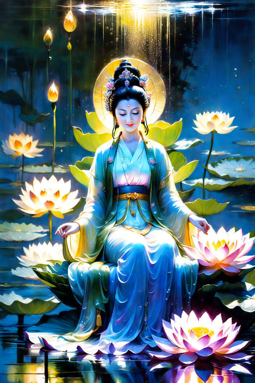 Pastel Kwan Yin Goddess and Lotus Flower Art Canvas - Reflections