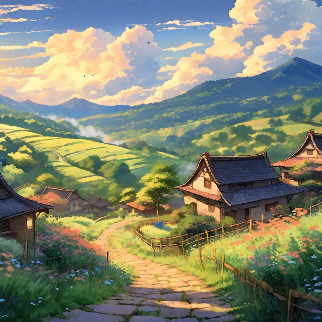 Anime Illustration Featuring A Young Blonde Man Walking Across The Green  Fields And Prairies In The Summer. Rural Manga Countryside Landscape  Featuring A Blonde Boy Walking From School. Generative Ai Stock Photo,