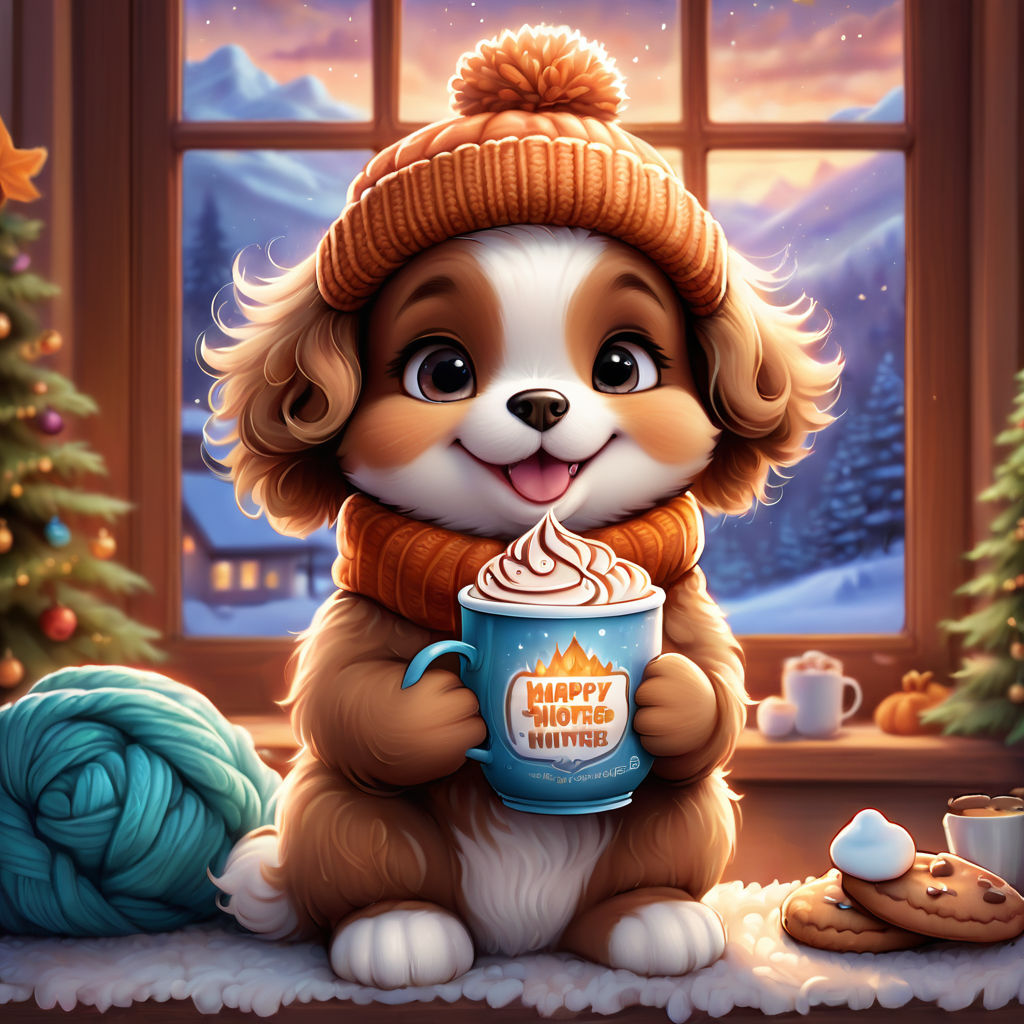 A cozy scene featuring Merry Christmas in fluffy, white script, nestled  in a bed of cute, cartoon-like woolen mittens and scarves, with a softly  blurred snowfall background