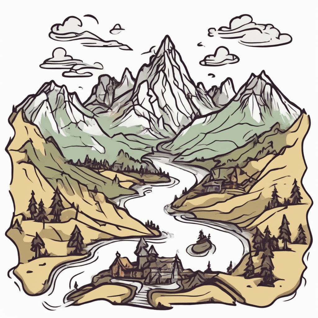 Vibrant, detailed landscape with mountains, river, and sun png download -  4224*3452 - Free Transparent Cartoon Mountains png Download. - CleanPNG /  KissPNG