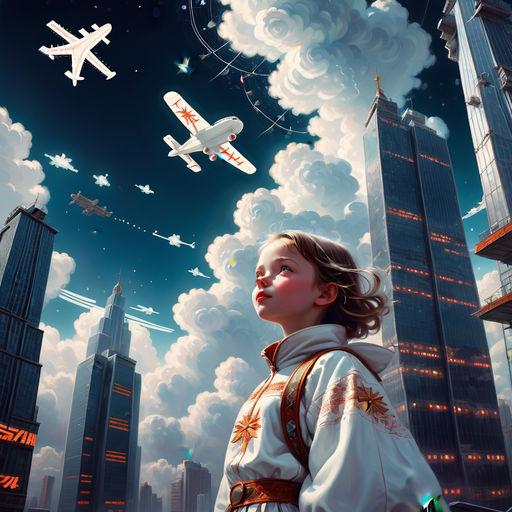 Prompt: in the foreground is a large white ((plane)) Russian folk style, flying in the clouds over the city of the future, skyscrapers, star constellations, patterns, large white clouds, artist Alex Ross style, retro, little girl looking up at the sky at the plane in Russian folk costume , cyberpunk style, neon, neon signs, high detail, realism, cinematic light, science fiction, spaceships, planets