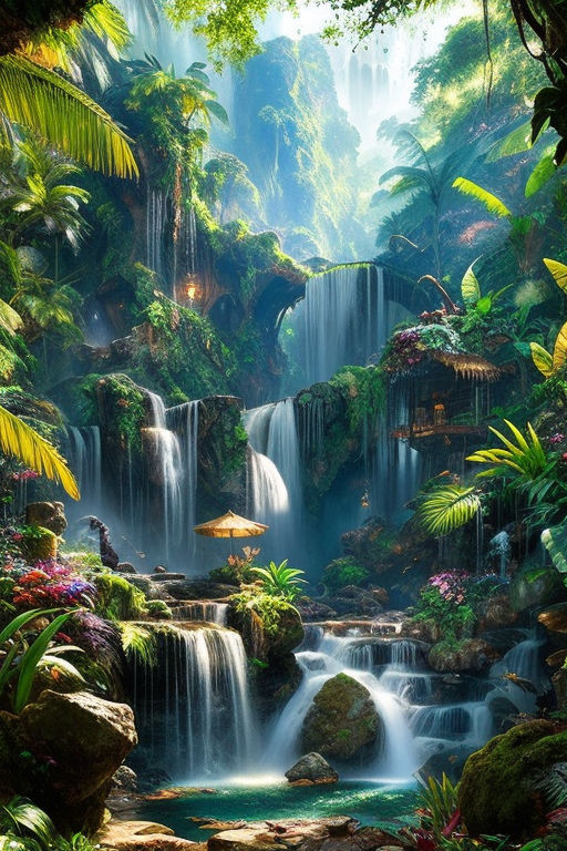 tropical rainforest waterfalls with flowers