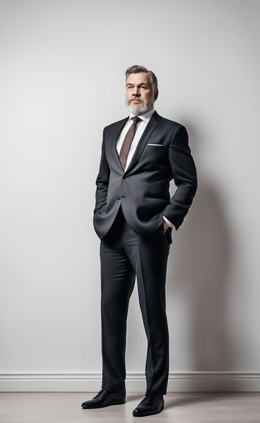 Handsome heavyset man, middle age, wearing a tight suit. got even fatter  during covid. ( ceo, businessman, weight gain, overweight, obese, belly,  daddy, hot) on Craiyon