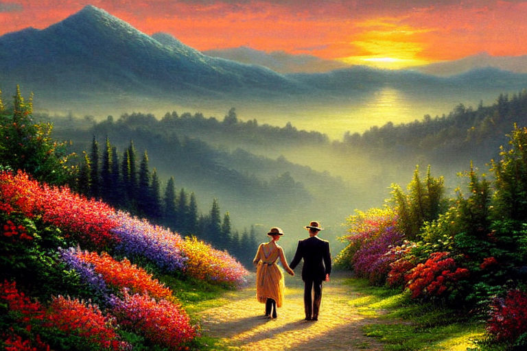 cute a middle-aged couple walks through a corn field fantasy" - Playground