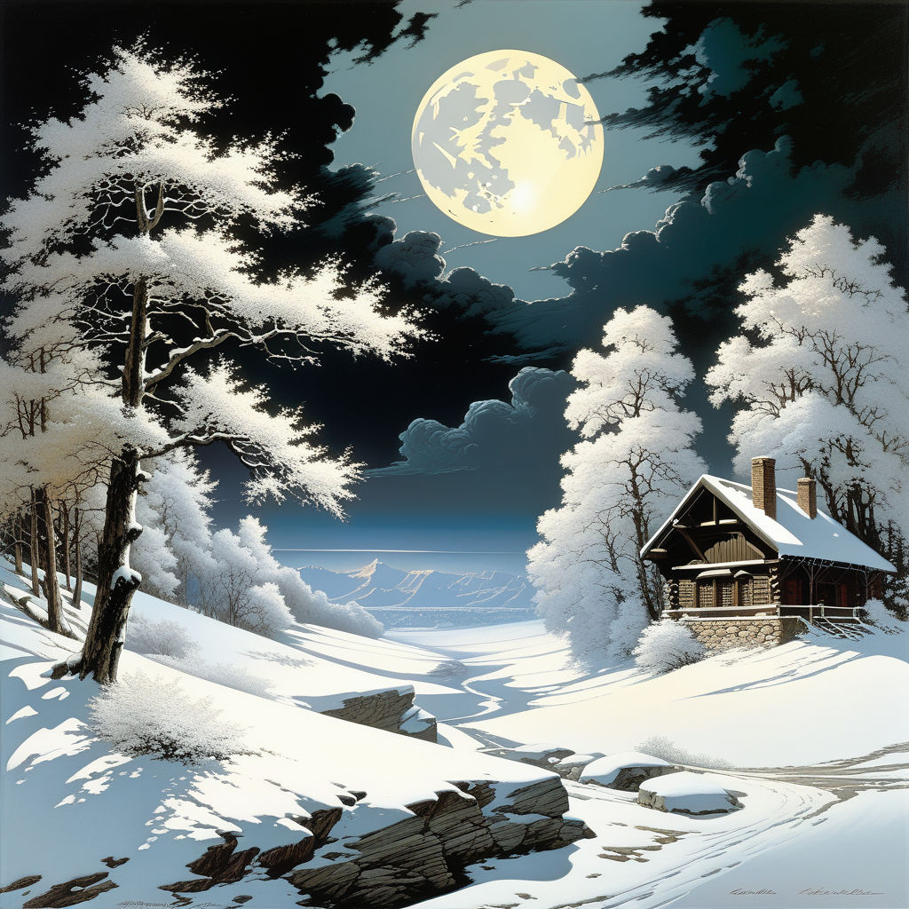moonlit winter landscape with single log cabin - Playground