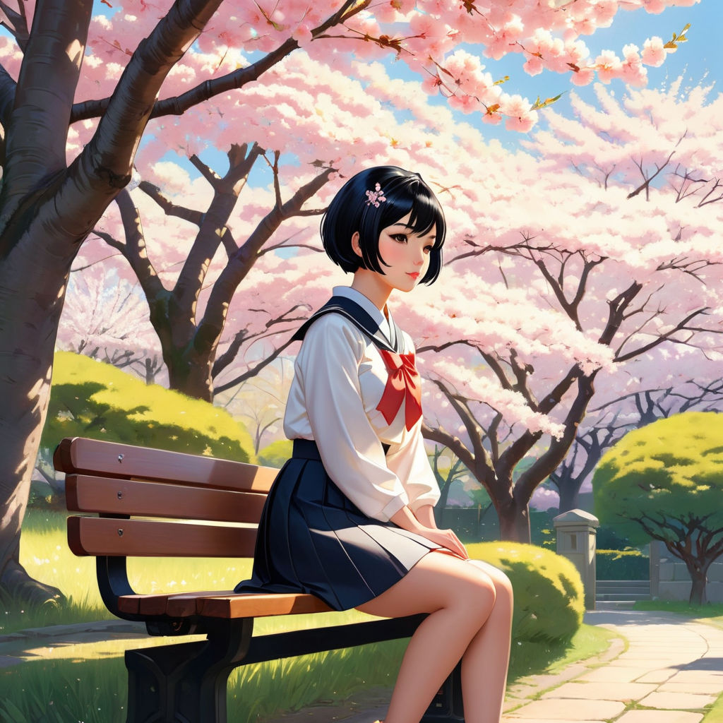 AI Art Generator: Anime girl sitting on a bench looking at a sunset