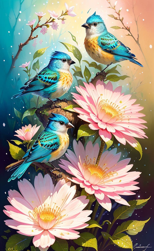 Cute Fluffy Baby Birds With Flowers Fantasy Art Graphic ·, 55% OFF