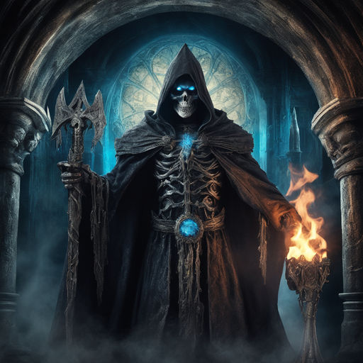 anime grim reaper on fire in chamber throne dungeon