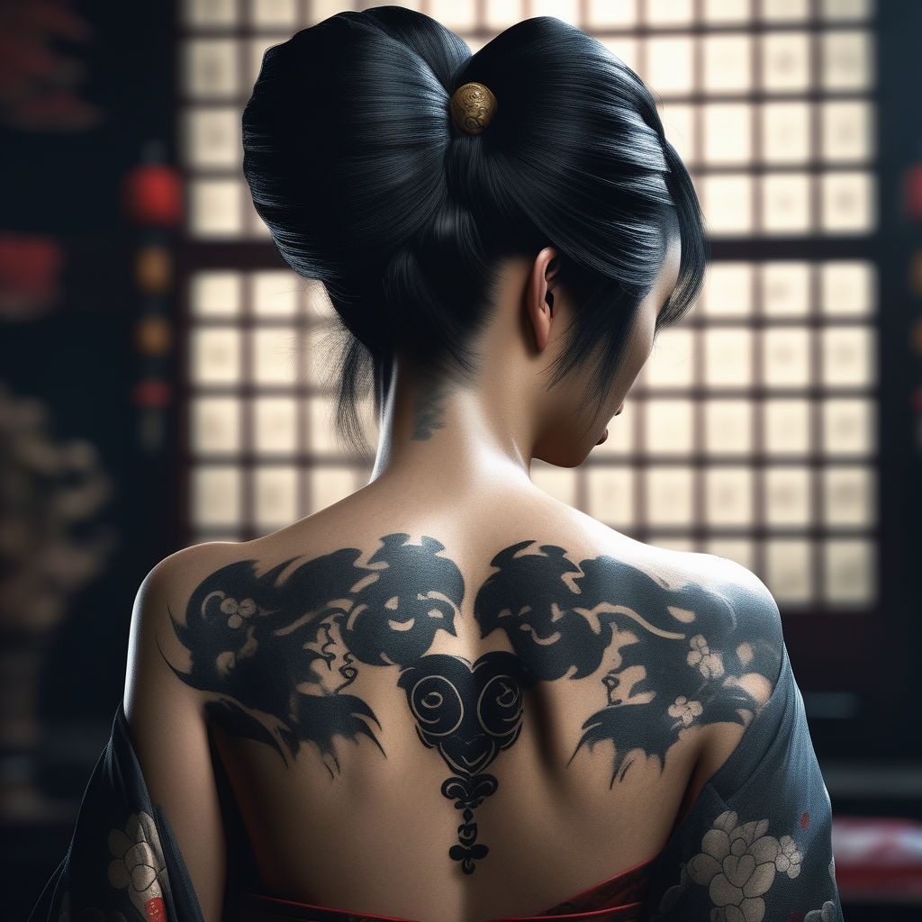 the back of a sitting geisha with yakuza tattoos with