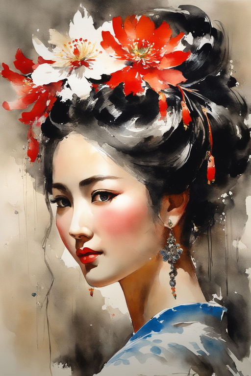 Chinese Ink Painting Style of a Beautiful Girl Character