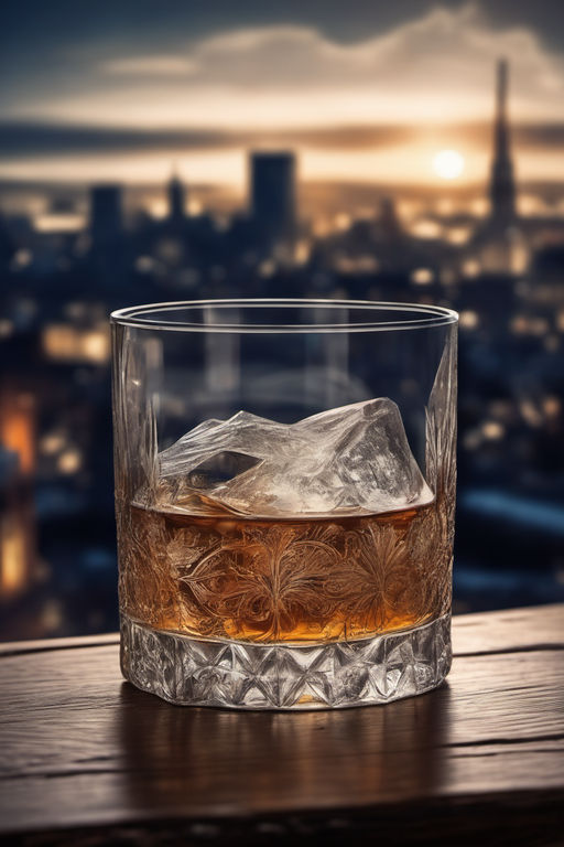 Premium AI Image  Amber whiskey with ice in glass Bourbon with ice  Alcoholic beverage with ice