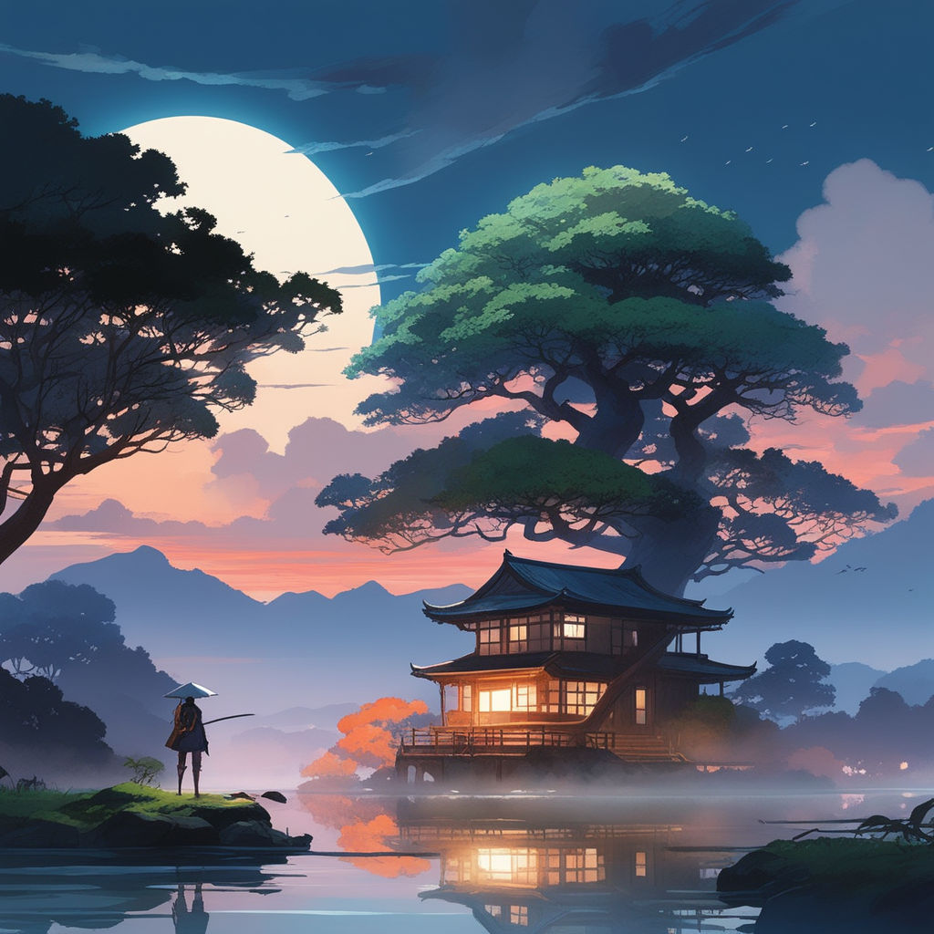 Wall Mural Lonely Samurai - Mountain Landscape, Japanese Inscription and  Anime Character - People - Wall Murals