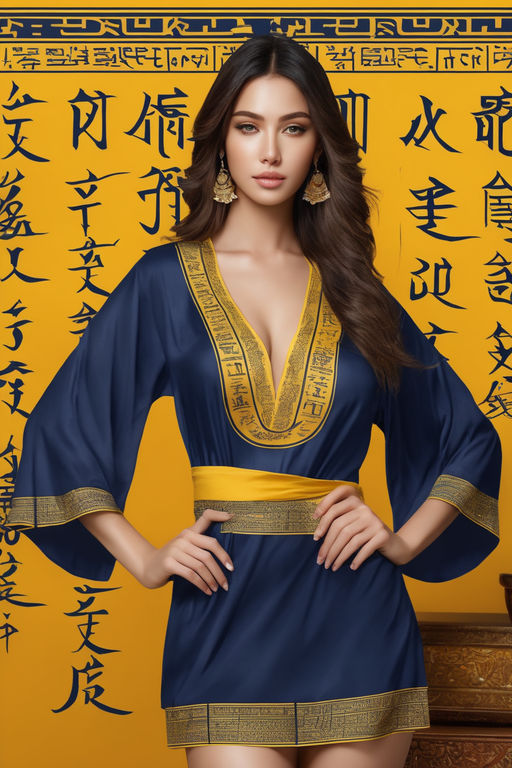 young woman wearing a simple tape adhesive futuristic outfit with printed  hieroglyphic scarabs - Playground