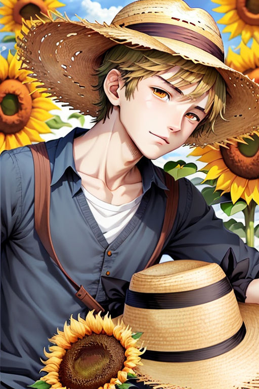 anime girl wearing straw hat holding a sunflower