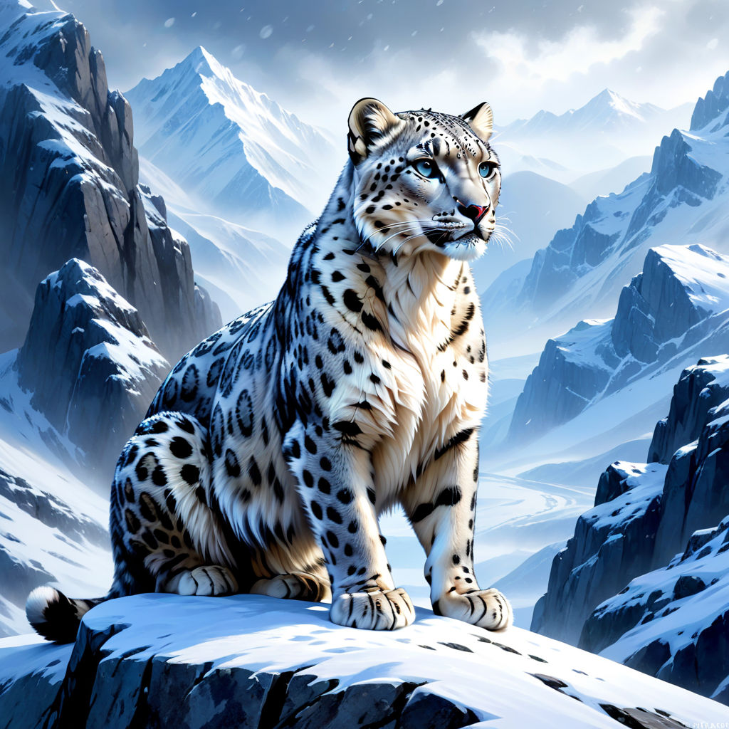 A snow leopard prowling along a craggy ridge, its grey coat blending into  the rocky terrain