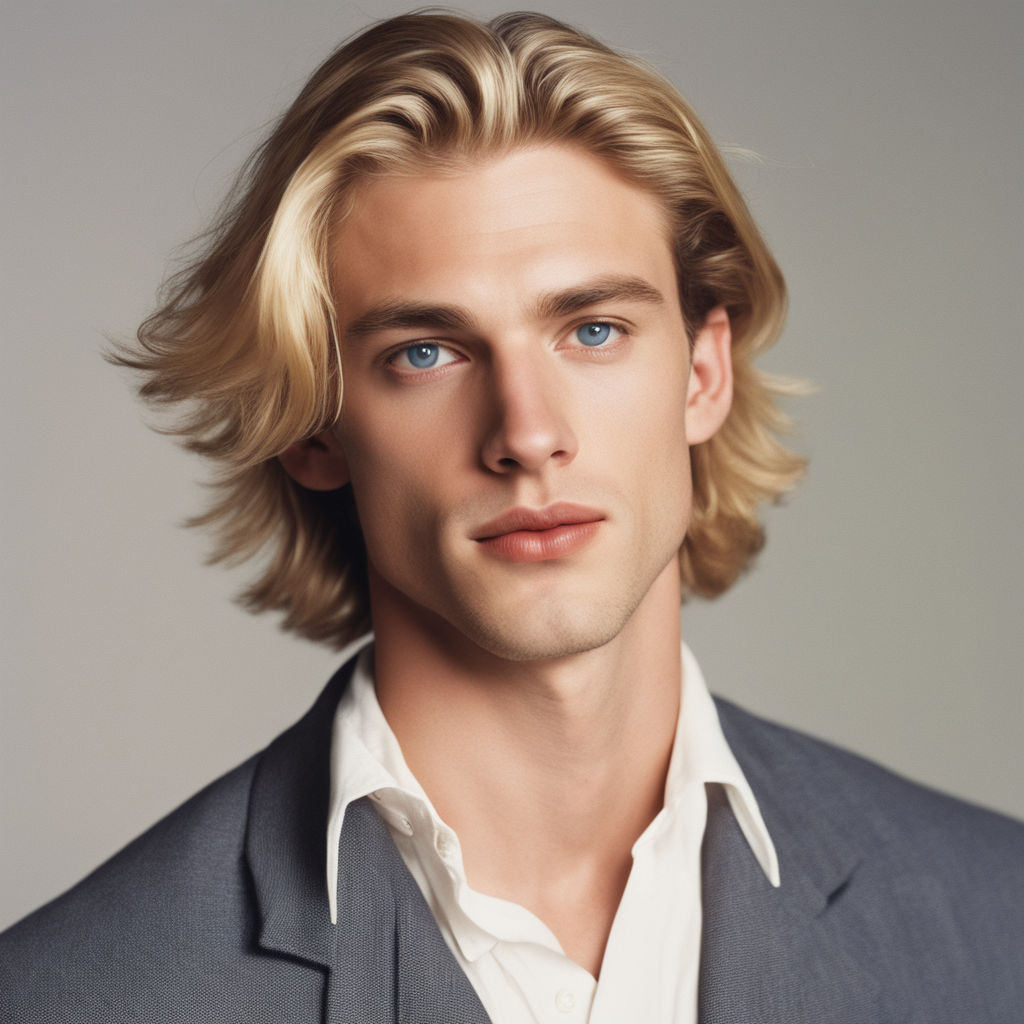 male android with long, wavy, flowing golden blond...