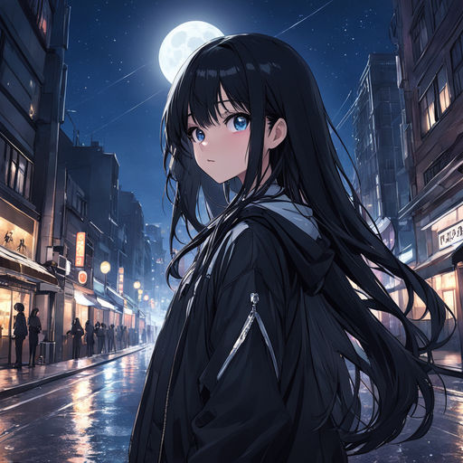 Dark anime guy in a rainy cityscape wearing a black hoodie