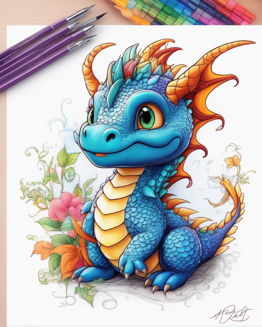 Cute Dragon Drawing - Etsy Australia