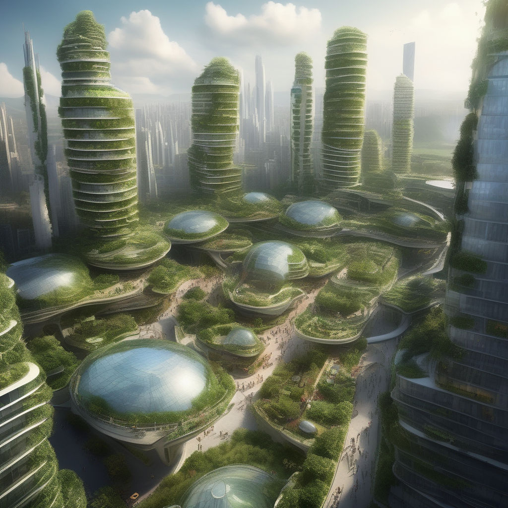 Sci-Fi, Futuristic Solarpunk ECO-City, Detailed, Hanging Gardens