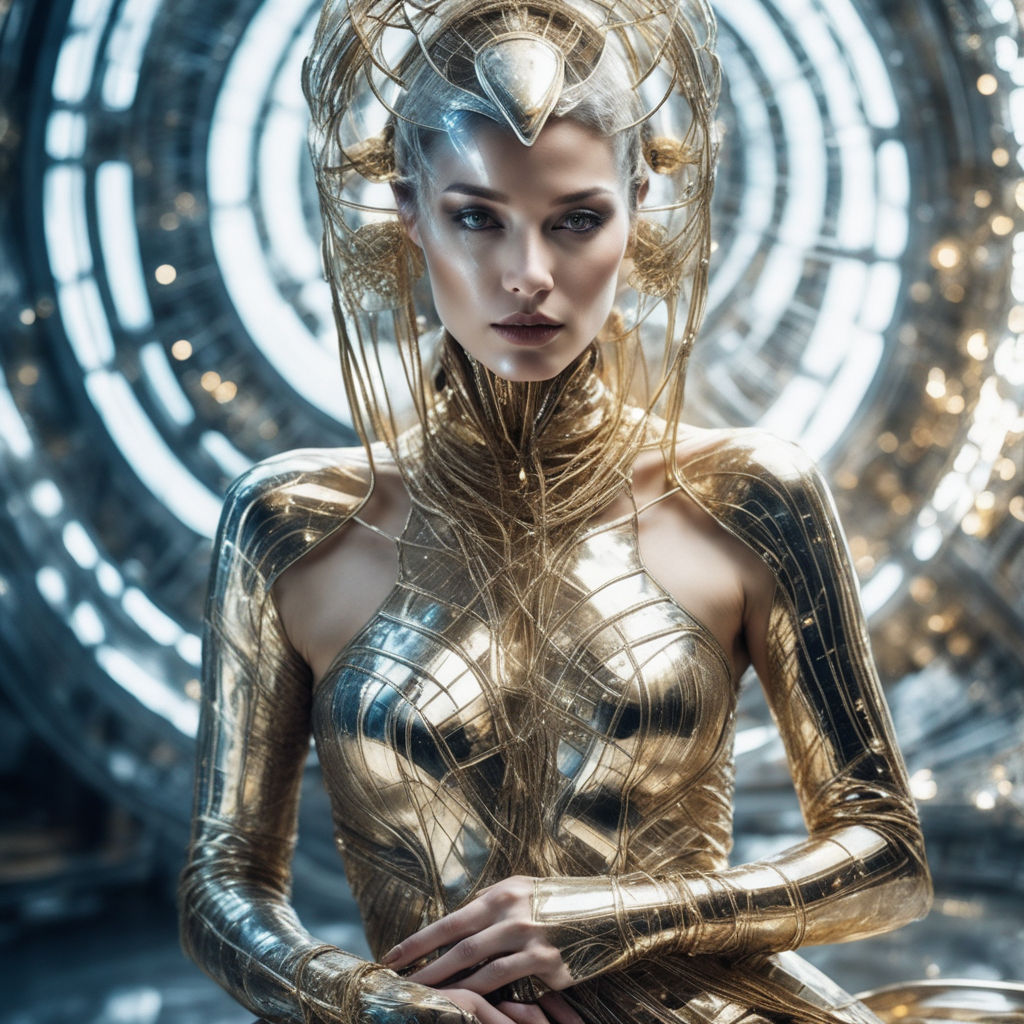 Futuristic fashion shoot with woman with space age female silver clothing,  created with Generative AI technology ilustración de Stock