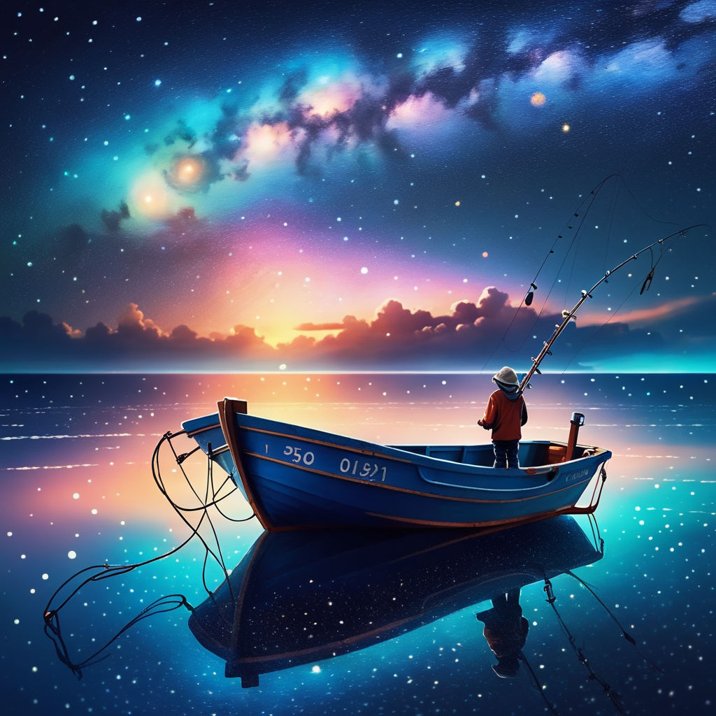 lighted fishing boats float in the dark water. The boats' colourful lights  contrast with the dark and starry sky. With a digital art style -  Playground