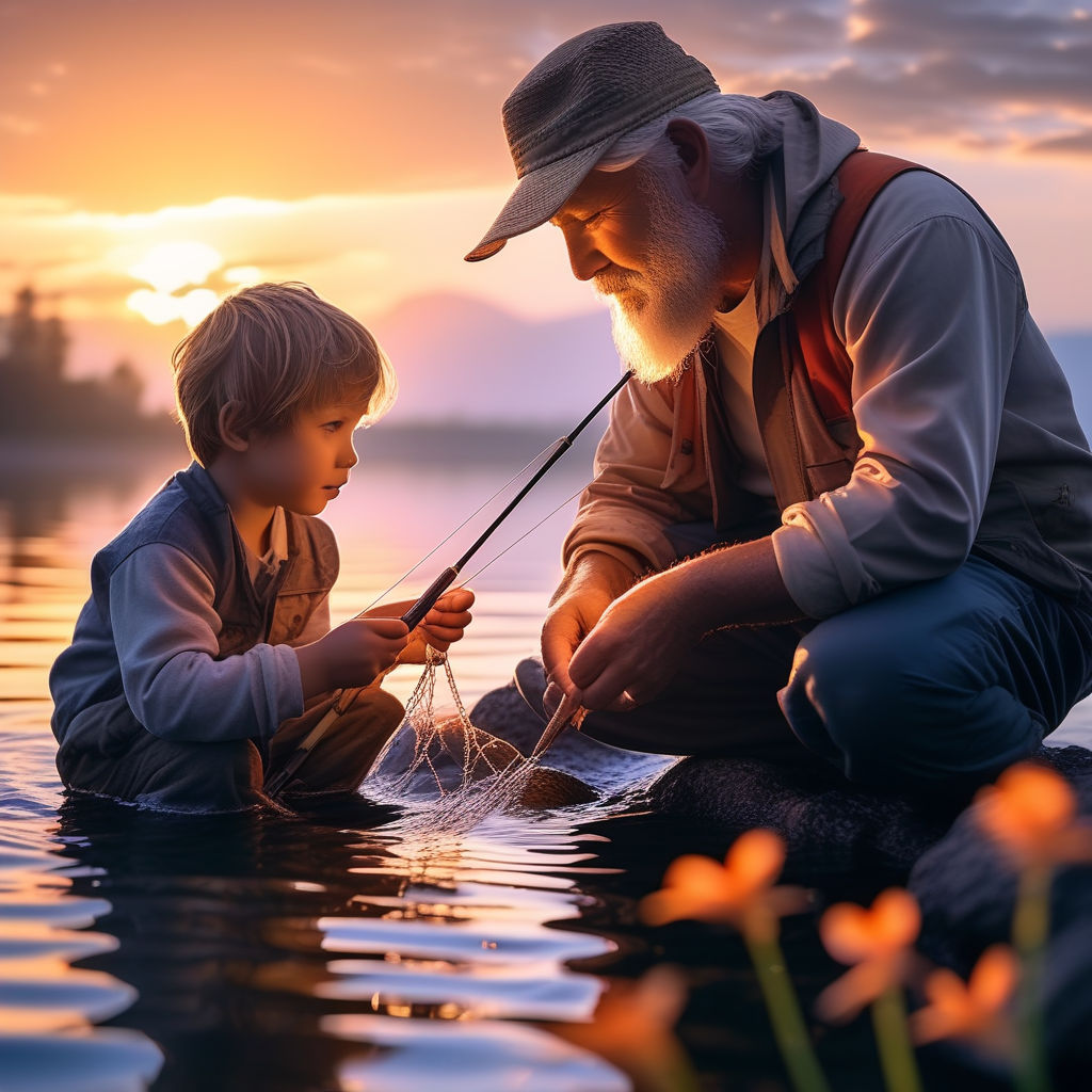 A grandfather is fishing with a child - Playground