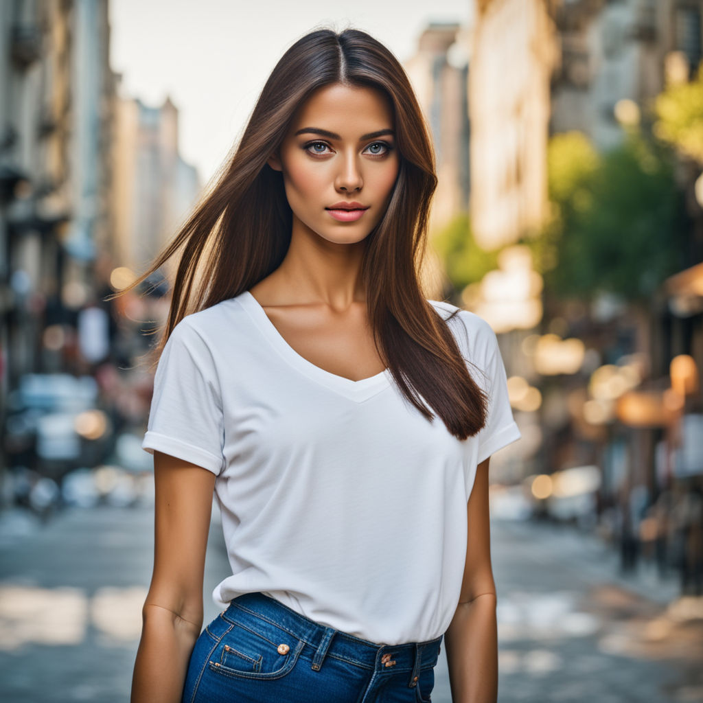 Slim stylish brunette girl dressed in white shirt and blue