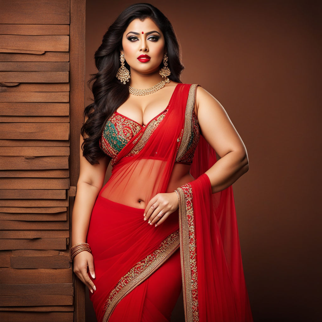 Design ideas for full figured urban modern Bengali woman wearing transparent  red chiffon saree and deep neck halter sleeveless bikini style blouse  looking like a bra with very very deep armholes fashion 