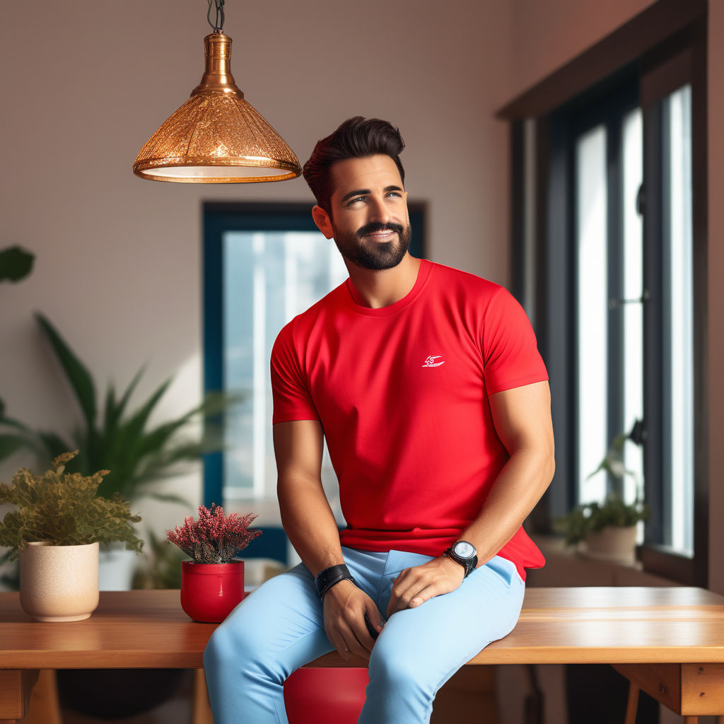 Premium Photo | Photo of friendly looking cheerful european guy wearing red  shirt and blue jeans smiling