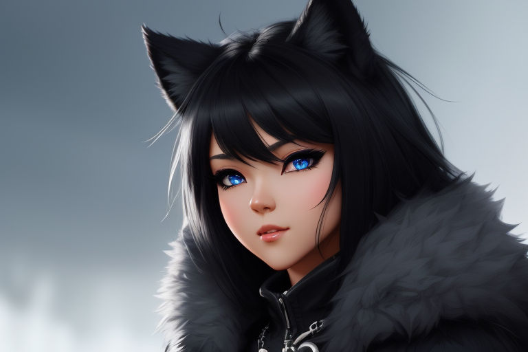 anime girl with black hair and cat ears