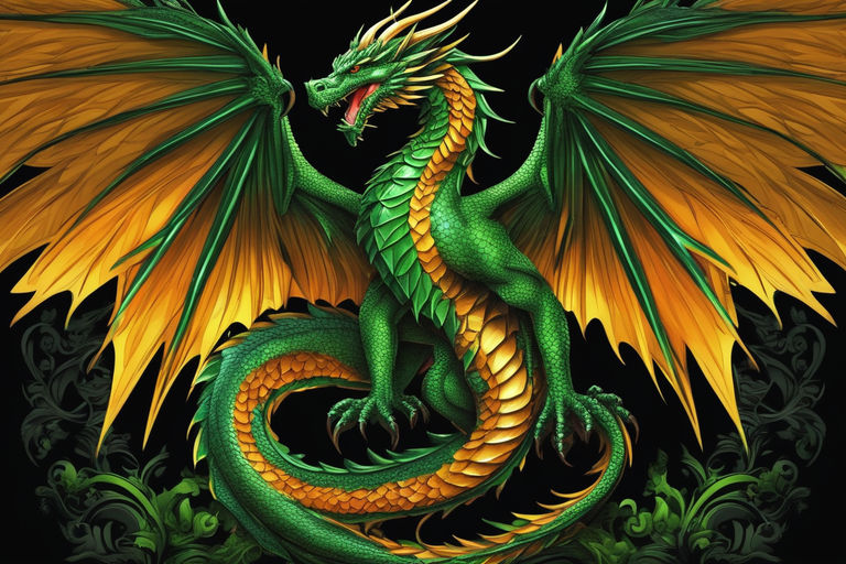 Green Dragon in the cave, the lord of dragons, has good platinum scales,  bright eyes, and is surrounded by dazzling gold and green lights.  generative ai Stock Illustration