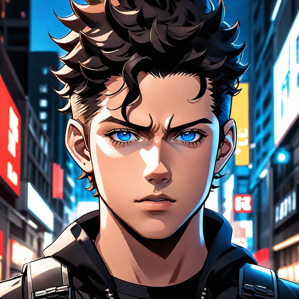 Short dark purple fluffy hair; beautiful light blue eyes; sharp teeth;  small ears; tan skin ripped body build; clothes; very handsome; incredible  face; anime style; manga style; beautiful ; detailed; delinquent; teenager;