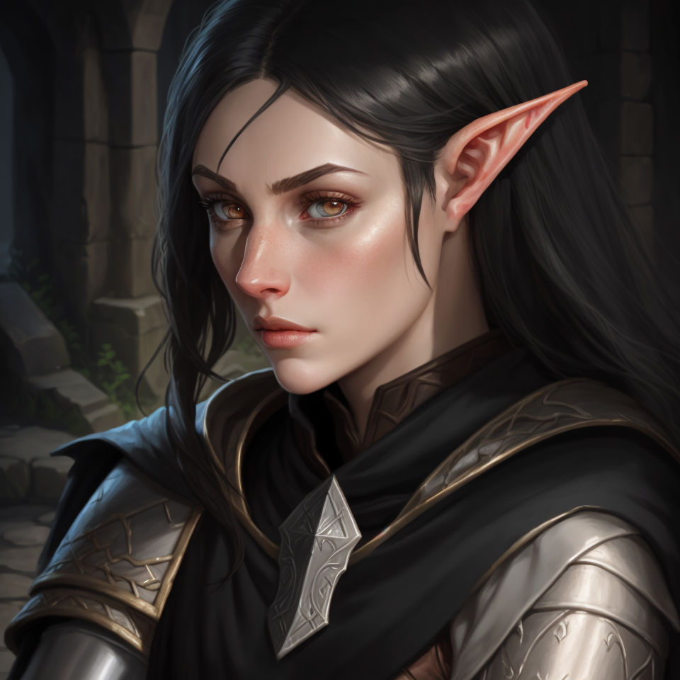 worn-walrus279: Half-elf female with long black hair liquid golden eyes  with a dark barmaid outfit