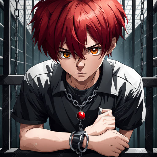 anime boy with red hair and blue eyes holding a sword. generative