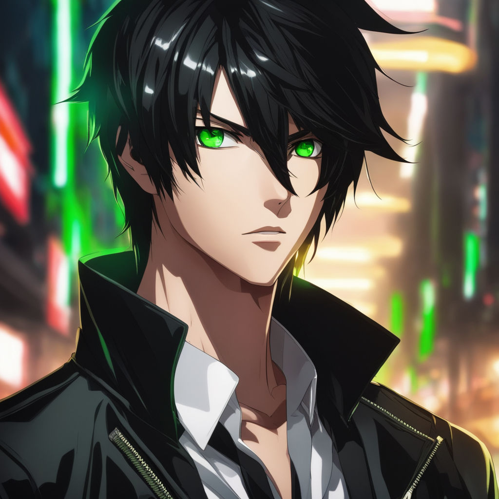 anime boy with black hair and green eyes