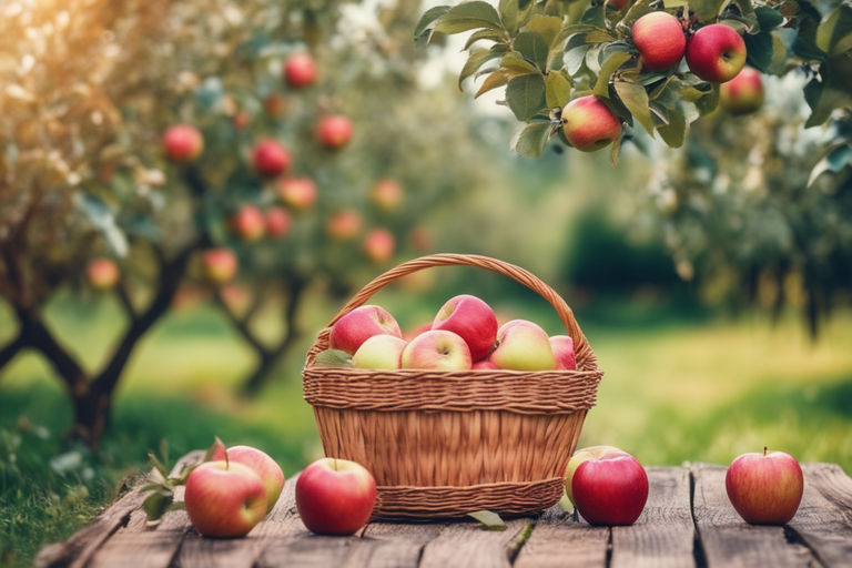 Red apple and green apple in basket with burlap background texture