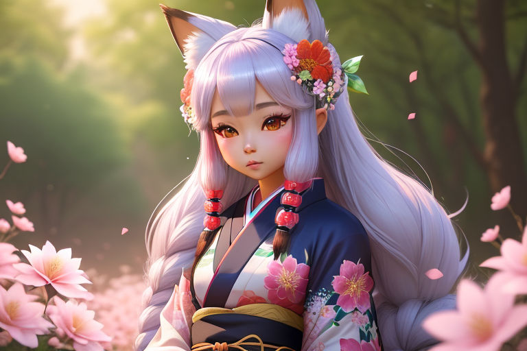 anime girl with white fox ears