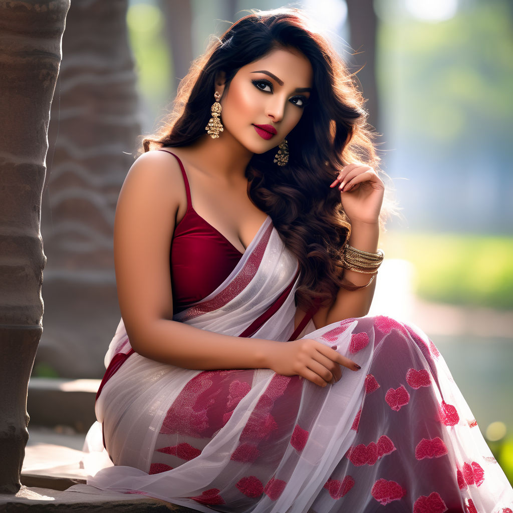 Design ideas for full figured urban modern Bengali woman wearing transparent  red chiffon saree and deep neck halter sleeveless bikini style blouse  looking like a bra with very very deep armholes fashion 